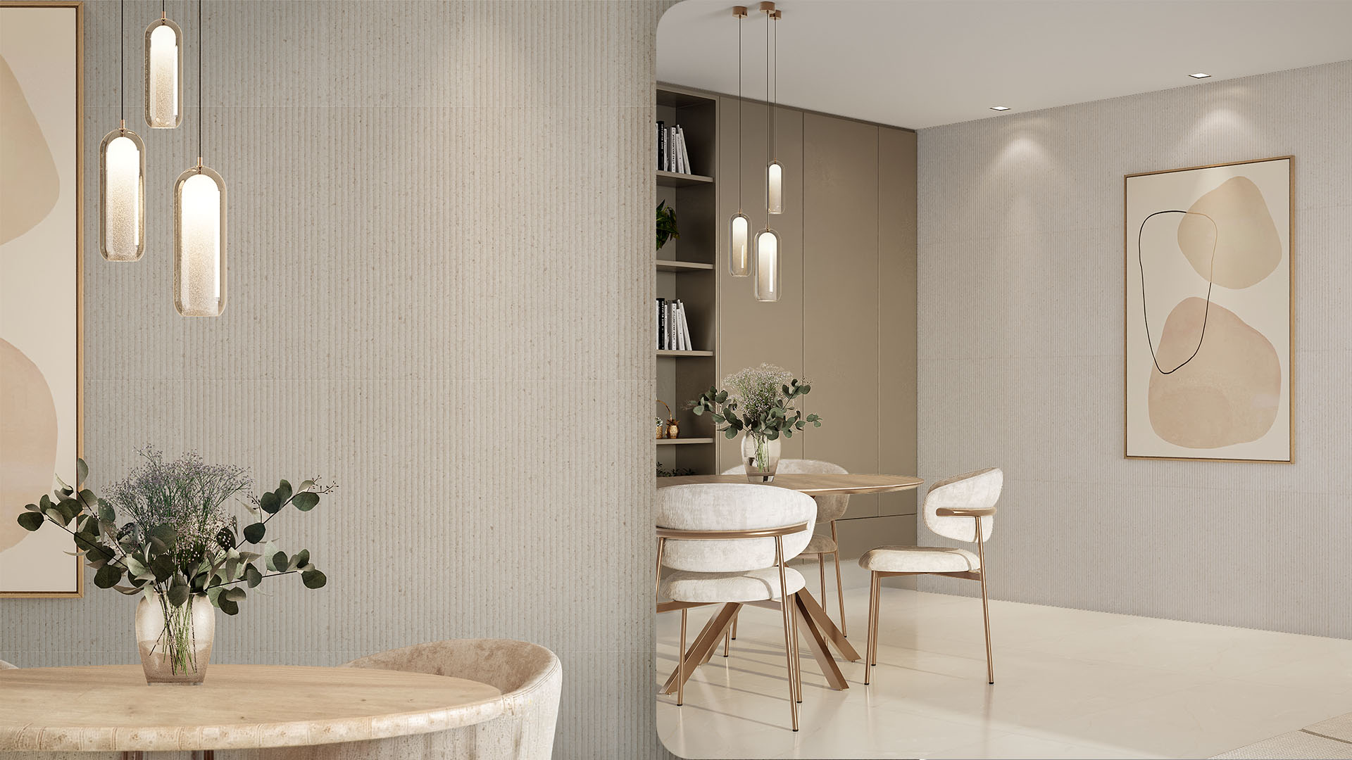 Sala de jantar com revestimento Ripa Cemento Beige da Cerbras